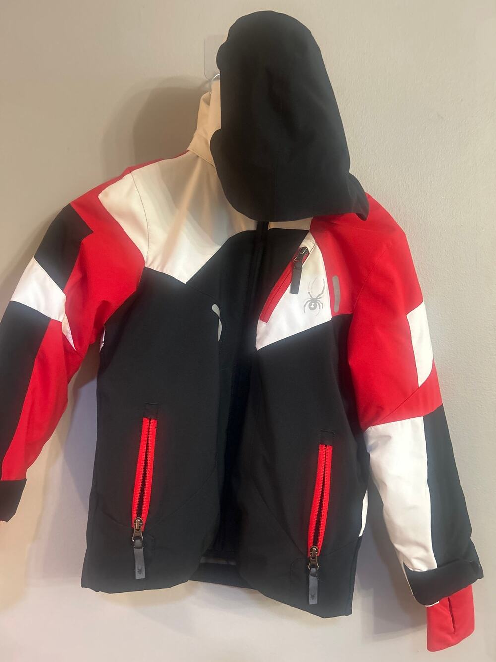 Spyder Youth Boys Ski Jacket Size 8 Red Black White Hooded Insulated Winter Coat